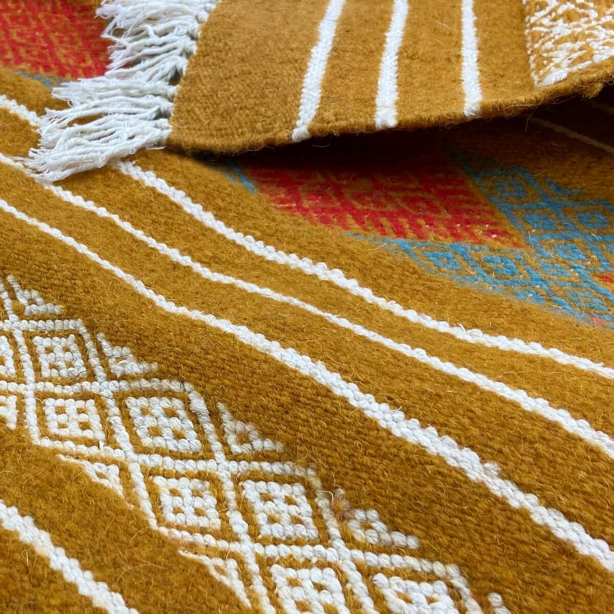 Berber tapijt Tapijt Kilim Jridi 96x193 Geel/Veelkleurig (Handgeweven, Wol, Tunesië) Tunesisch kilimdeken, Marokkaanse stijl. Re