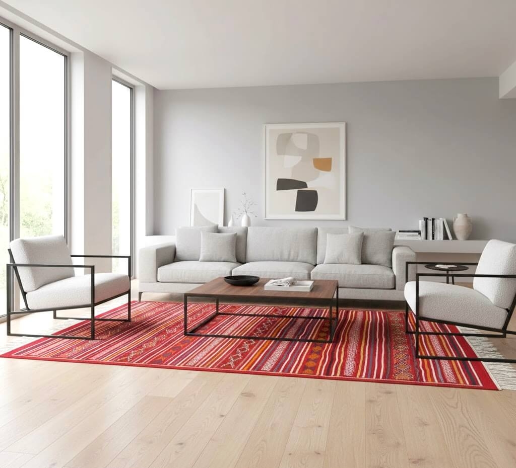 Tapis berbère Tapis Kilim Takhou 150x235 cm Rouge/Multicolore (Tissé main, Laine) Tapis kilim tunisien. Tapis rectangulaire 100%