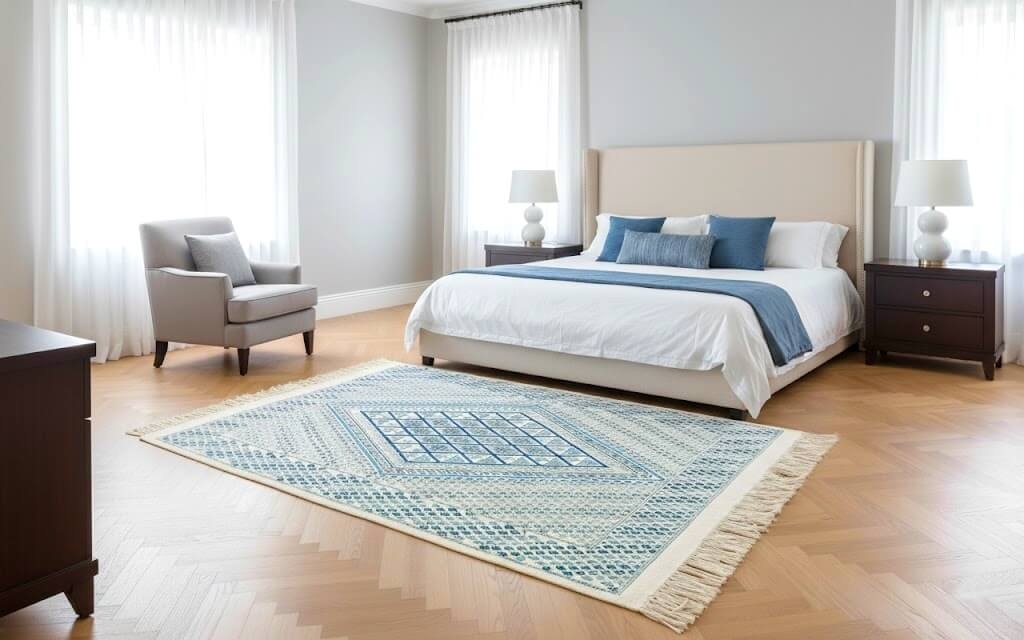 Tapis berbère Tapis Margoum Maje 125x185 Blanc/Bleu (Fait main, Laine, Tunisie) Tapis margoum tunisien de la ville de Kairouan. 