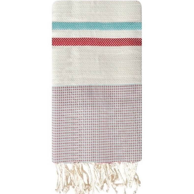 Tapis berbère Fouta Paysage Chevrons - 100x200 - Ecru/Bleu/Rouge - 100% coton Serviette fouta originale de Tunisie. Format class