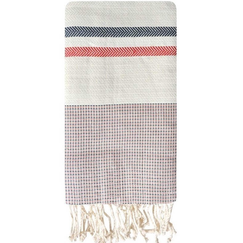 Tapis berbère Fouta Mélodie Chevrons - 100x200 - Ecru/Bleu/Rouge - 100% coton Serviette fouta originale de Tunisie. Format class