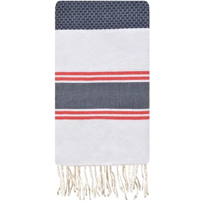 Tapis berbère Fouta Sommet Nid d'abeille - 100x200 - Bleu/Blanc/Rouge - 100% coton Serviette fouta originale de Tunisie. Format 