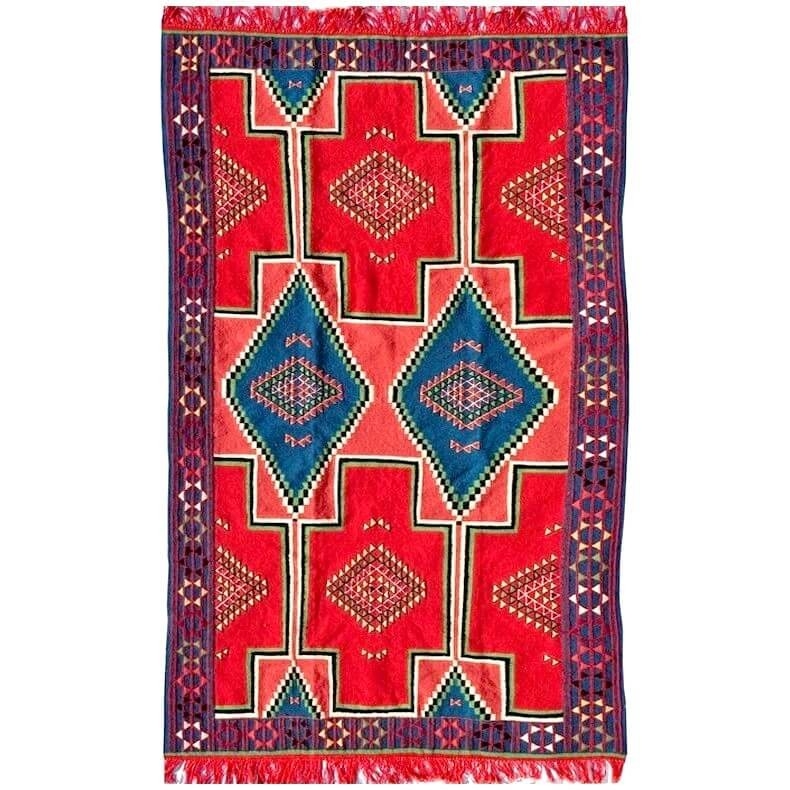 Berber carpet Rug Kilim El Alia 130x230 Red/Blue (Handmade, Wool, Tunisia) Tunisian Kilim rug from the city of Kairouan. Rectang